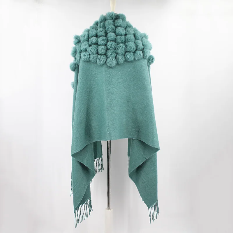 100% sheep fur cashmere shawl with real rabbit fur balls (13)