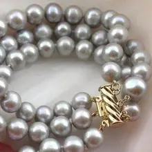 Xd 00923 3 ряда 7,5 дюймов 8-9 мм серый жемчуг Южное море браслет BANGLEt натуральный>
