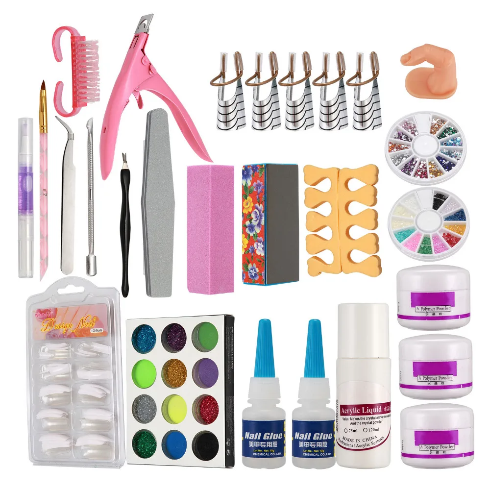 

Nail Art Set Acrylic Liquid Glitter Powder File Brush Form Tips Tools DIY Kit
