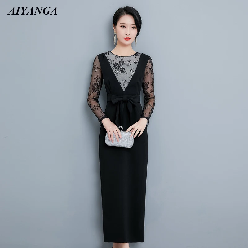 

New Faux 2 Pieces Lace Dress Women 2019 Long Dress For Women Spring Summer Slim Long Sleeve Elegant Ladies Dinner Dresses Black