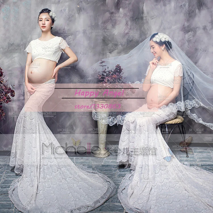Новинка, реквизит для фотосъемки беременных женщин, Элегантное нарядное платье, чистый белый набор русалки, фотосессия, детский душ, свободный размер