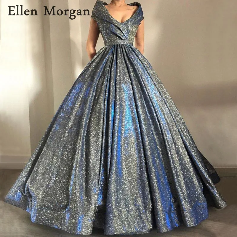 Shiny V Neck Ball Gowns Prom Dresses with Embroidery 2019 for Women Wear Off Shoulder Cover Back Fashion Evening Formal Party