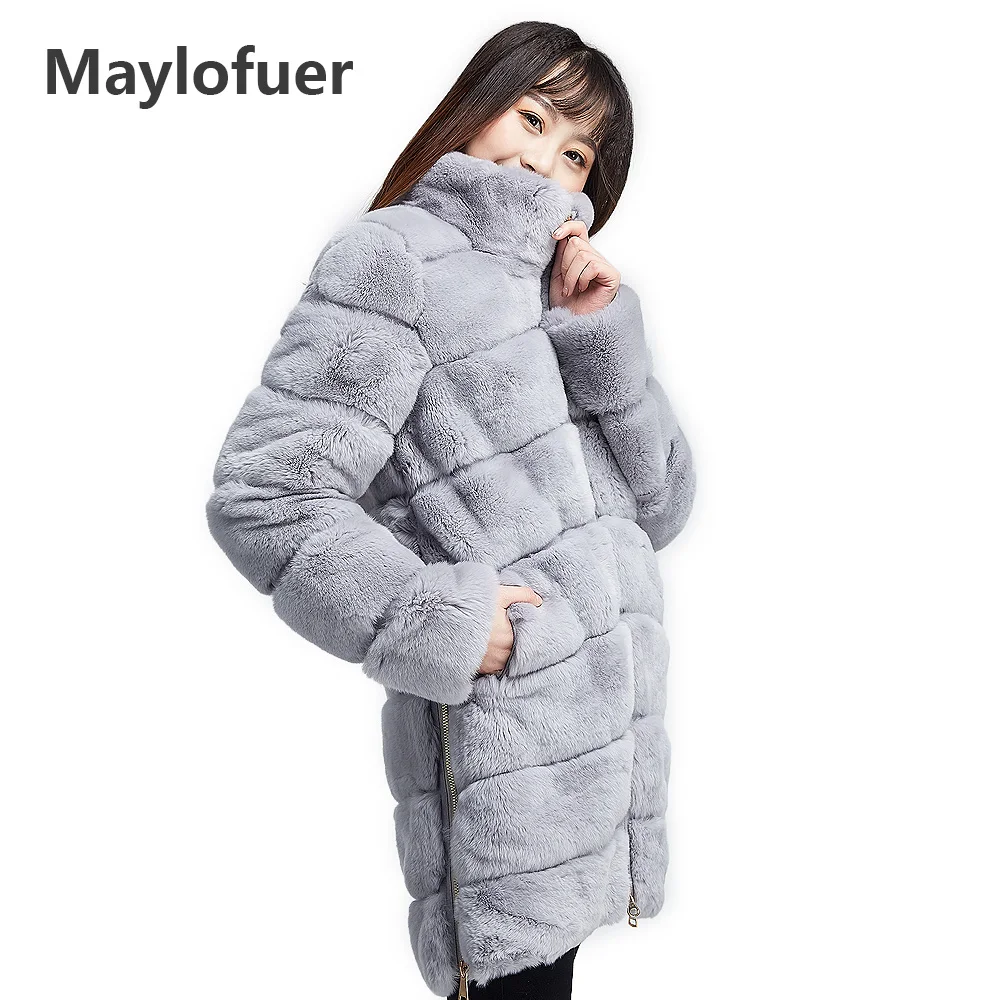 

Maylofuer 100% Rex Rabbit Fur Coat Women Fur Jackets Natural Rabbit Fur Garment with Strip pattern