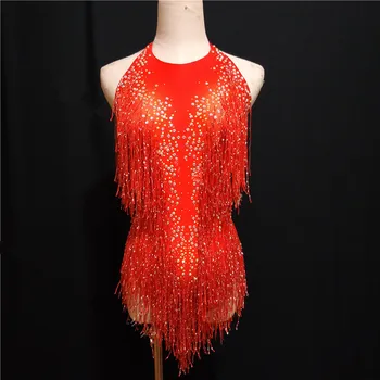

Sexy Fringes Design Red Bodysuit Dance Costume Women's Performance Rhinestones Leotard Female Singer Dance Show Clothing DJ DS