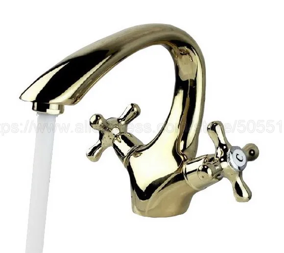 Gold Color Brass Bathroom Basin Faucet Lavatory Sink Tap Mixer Double Cross Handle Bath Tap Hot and Cold Mixer Tap znf231