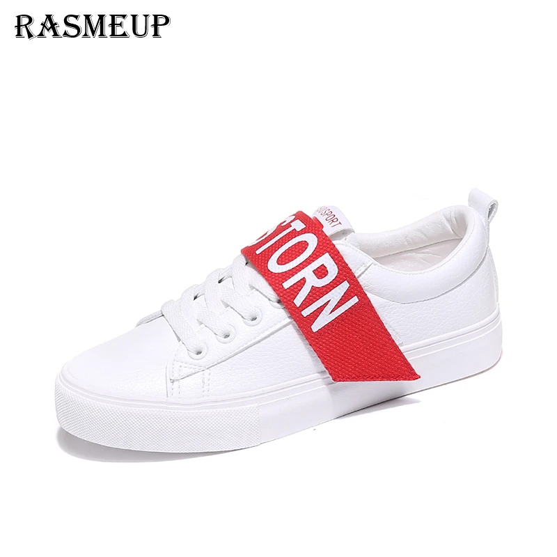 

RASMEUP Women's White Sneakers 2018 Spring Summer Leather Fashion Hook & Loop Lace-up Women Flat Shoes Casual Woman Walking Shoe