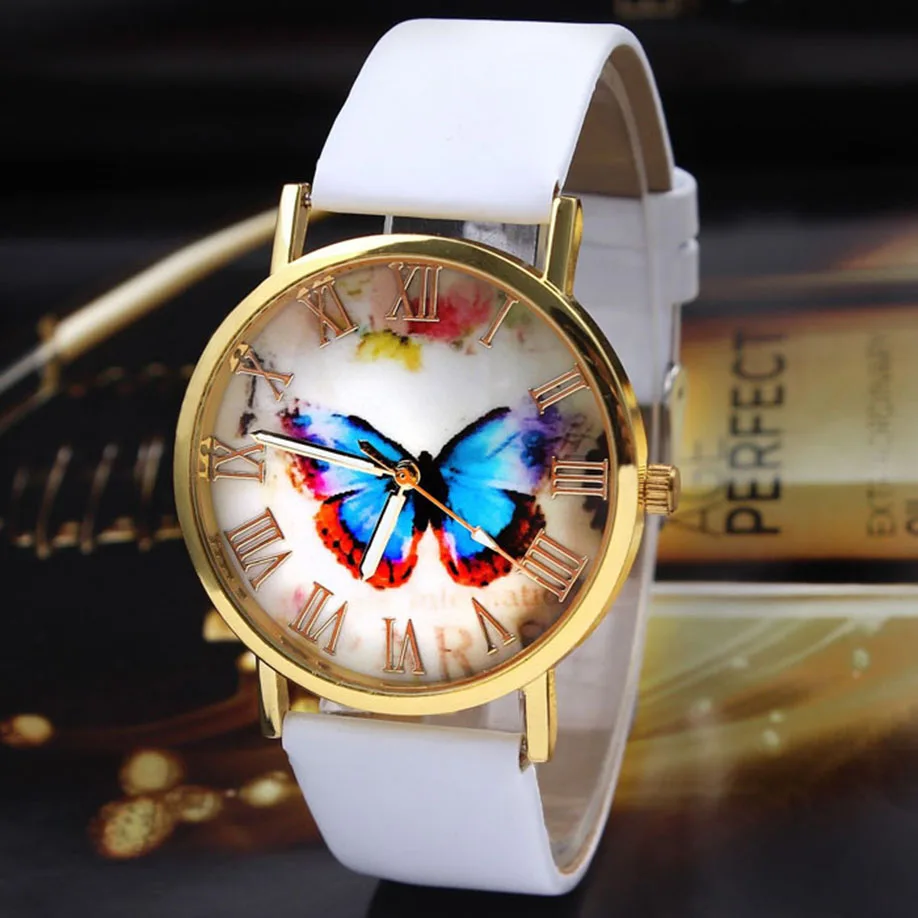New Fashion Women Watches Butterfly Pattern Leather Strap Quartz