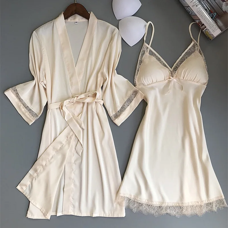 

robe &gown for Women Faux Silk Robe Gown Set Hot Winter Sexy Lace Sleepwear Dress Bathrobe home suit