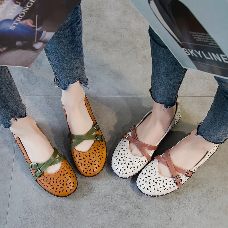 

Women Leather Flats White Hollow Out Shoes Summer Casual 2019 Low Heels Loafers Women Handmade Genuine Leather Ballat Flat Brand