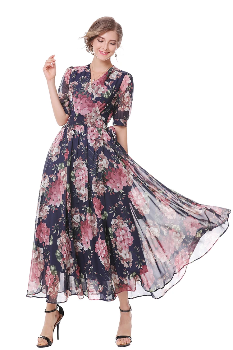 Осеннее винтажное женское платье с коротким рукавом и v-образным вырезом с высокой талией Vestidos длинное открытое шифоновое платье с разрезом Пляжное Платье макси с цветочным принтом