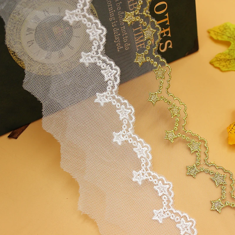 

10Yds/lot New stars rayon gold thread embroidery mesh lace clothing accessories curtain skirt decorative fabric AC690