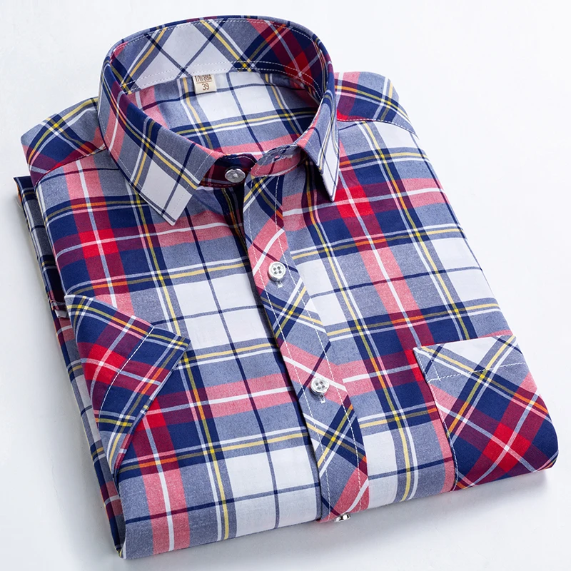 Men casual shirt checkered short sleeved summer slim fit with front pocket