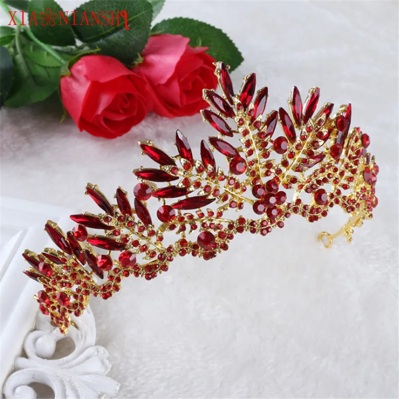 

XIAONIANSHI 2017 New Luxury Wedding Bridal Red Crystal Peacock Crown Princess Queen Pageant Prom Rhinestone Veil Headband tiara