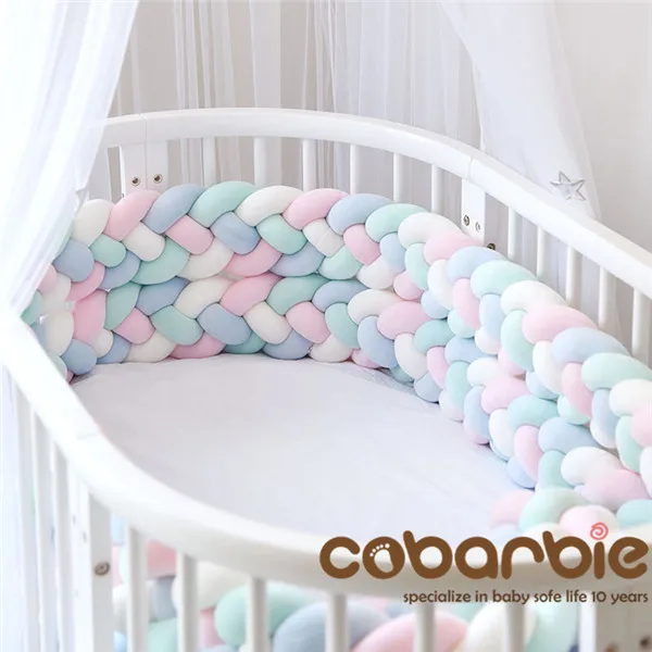 Color : White+Pink+Blue+Yellow, Size : 360CM Length:220cm/360cm/420cm/custom made Wanguo Cot Bed Bumper Braid Pillow Nursery Decorations Braided Bumper For Crib