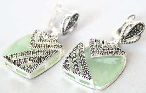 

Fancy lady's 925 Silver Hook green Natural stone Marcasite Square Earrings 1
