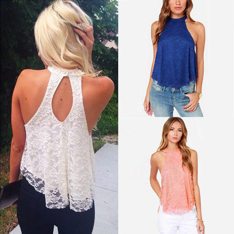 

2019 departure Sexy Women Summer Sleeveless Shirt Lace Loose Vest Top Blouse High Neck Push up Bikini