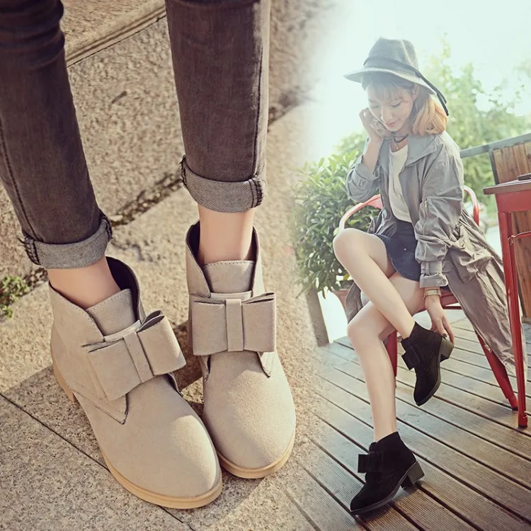 

Sweet Big Botie Women Round Toe Boots Khaki Black Slip On Martin Boots Autumn Winter Solid Botas Mujer Nubuck Leather Ankle Boot