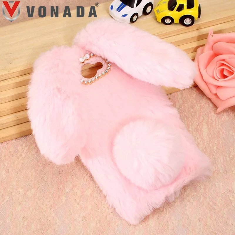 

Vonada Plush Case for Huawei Y7 Cute Rabbit Ears Fur Cover TPU Diamond Jewelled Soft Mobile Phnoe Back Case Cover