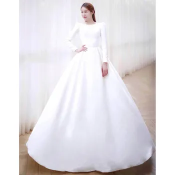 

Satin A Line Wedding Dresses with Button 2019 Long Sleeves Wedding Gowns Backless Bridal Dress Sweep Train