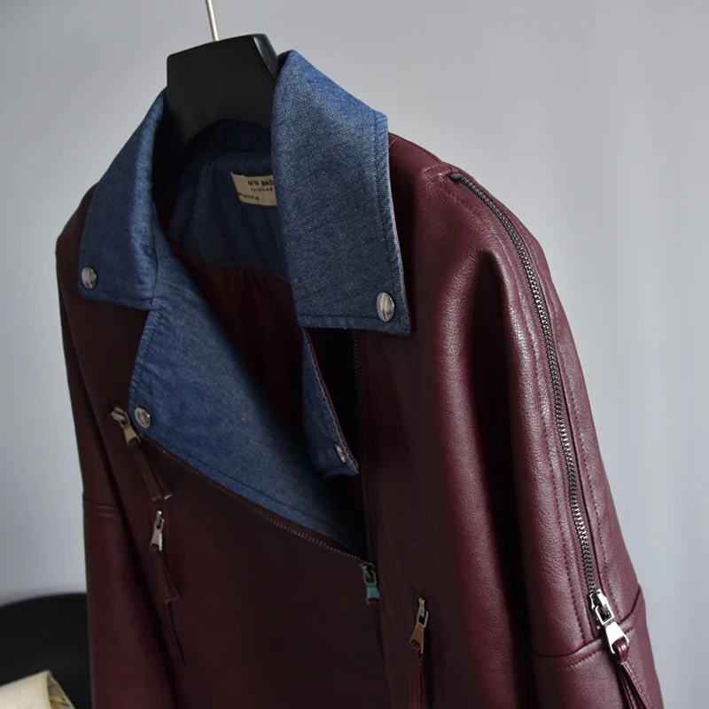 Ly Varey Lin весенняя куртка из искусственной мягкой кожи Женская Осенняя мотоциклетная куртка на молнии с заклепками джинсовая Лоскутная кожаная куртка верхняя одежда