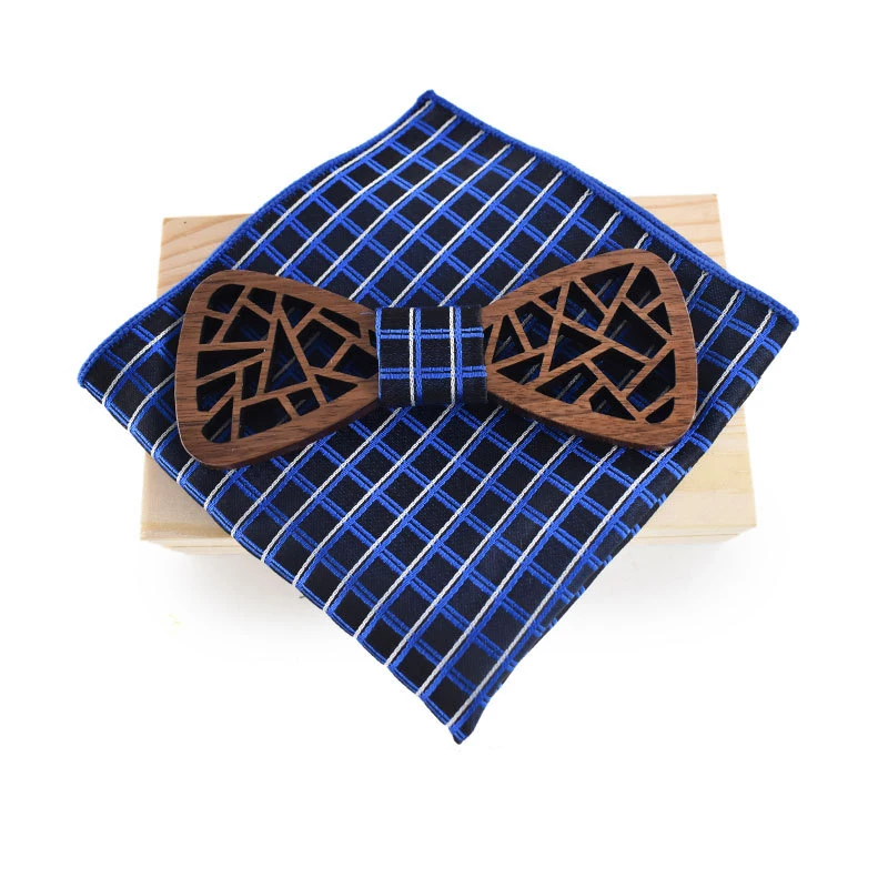  Solid Color Wood Bowtie for Mens Wooden Bow Ties Plaid Handkerchief Bowknots Formal Casual Business