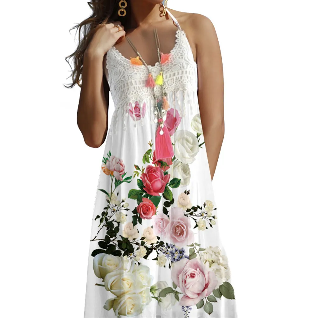 

2019 Women's Sexy Boho Lace Vintage flowers Sleeveless Beach Print Summer dress Faldas Mujer vestidos robe femme sukienki