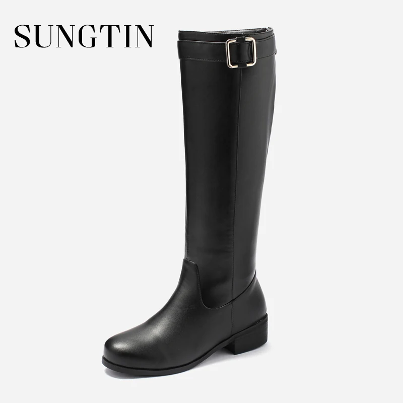 

Sungtin Pu Leather Low Heel Women Knee High Boots Black Plush Warm Long Winter Boots Ladies Casual Plus Size 46 Riding Boots