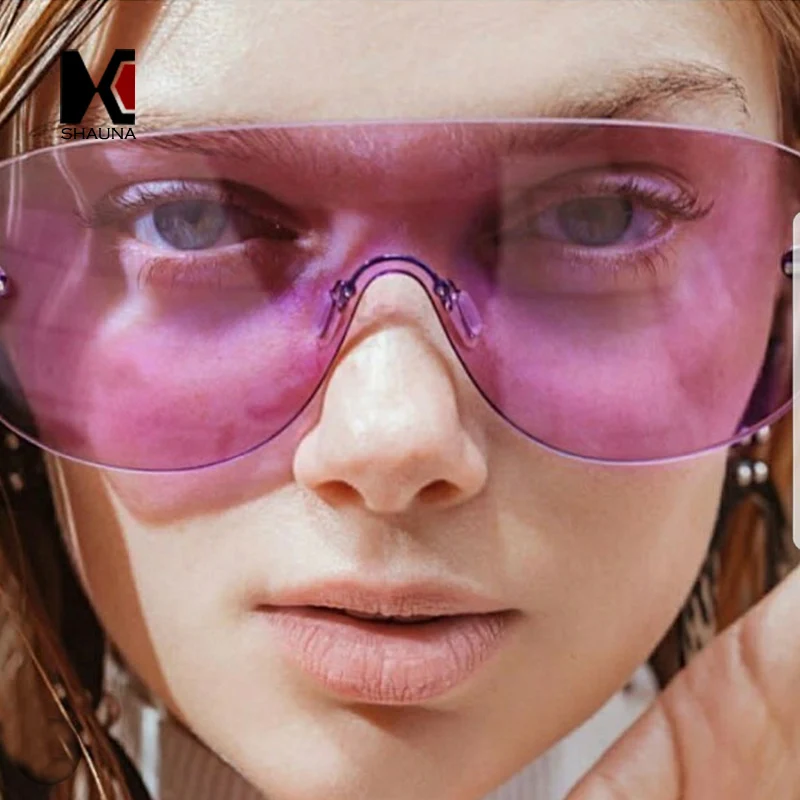 Шауна негабаритный интегрированные линзы очки солнцезащитные очки для женщин без оправы карамельный цвет очки модные мужские прозрачные фиолетовые линзы Оттенки UV400