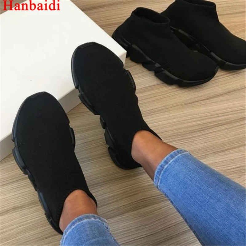 

Hanbaidi Hot Slip On Knitted Trainer Women Platforms Shoes Fashion Sock Booties Shoes Stretch Fabric Leather Women Casual Shoes