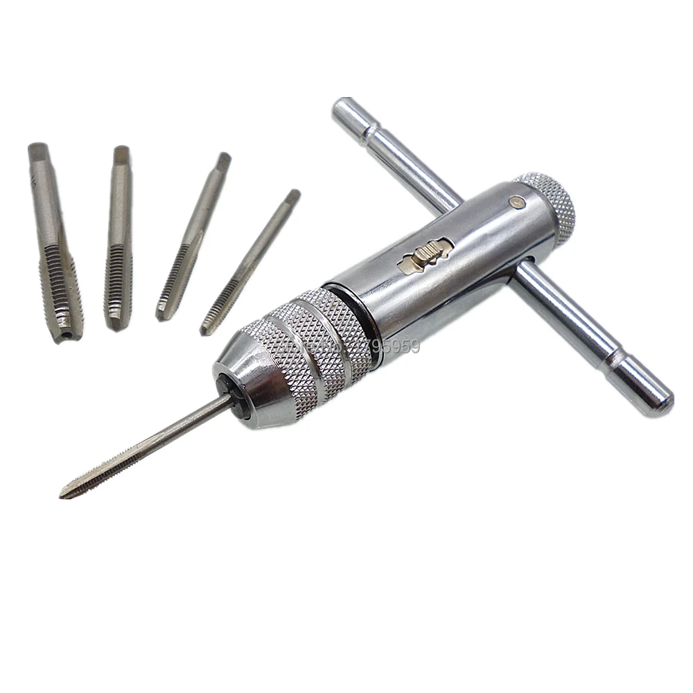 

5pc HSS Hand Screw Thread Metric Plug Tap Drill Set M3 M4 M5 M6 M8 With Reversible M3-M8 T Bar Handle Ratchet Tap Wrench Holder