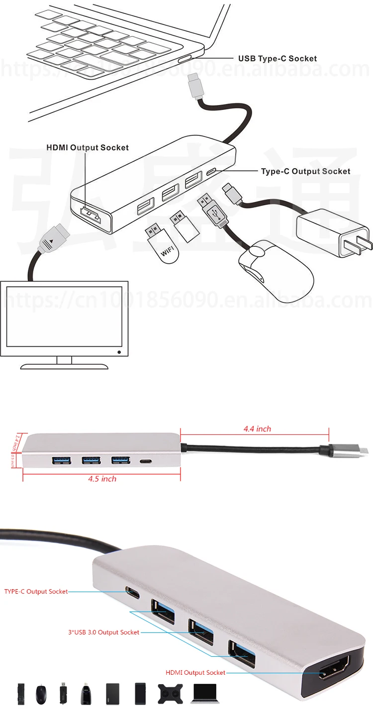 5 в 1 конвертер Тип usb C 3,1 концентратора USB-C 3 * USB3.0/4 К hdmi/ PD зарядки адаптер для Macbook