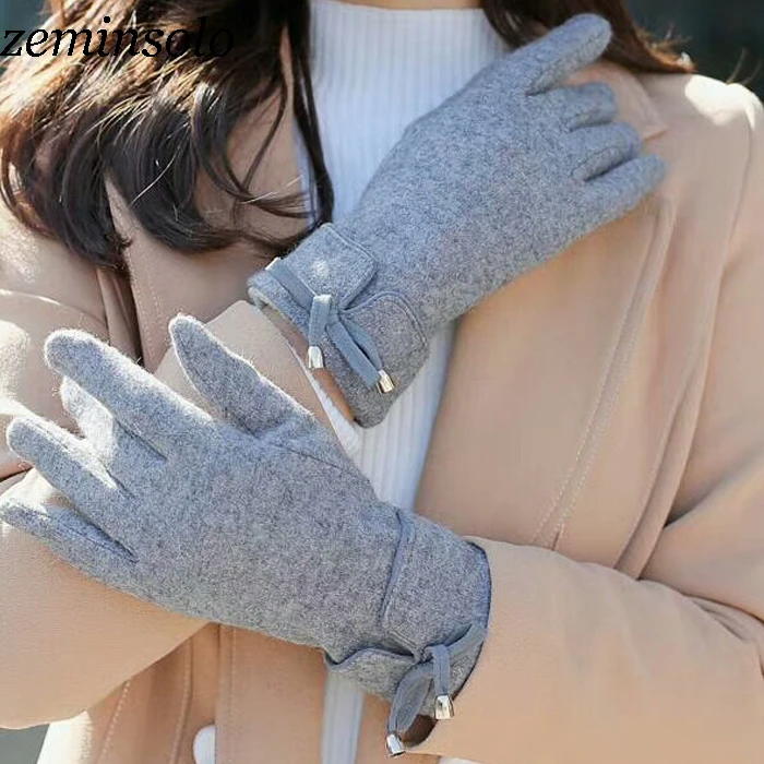 1 пара, модные красивые кожаные перчатки с бантом для девочек, для сенсорного экрана, Зимние Теплые наручные перчатки, варежки, женские перчатки, женские перчатки