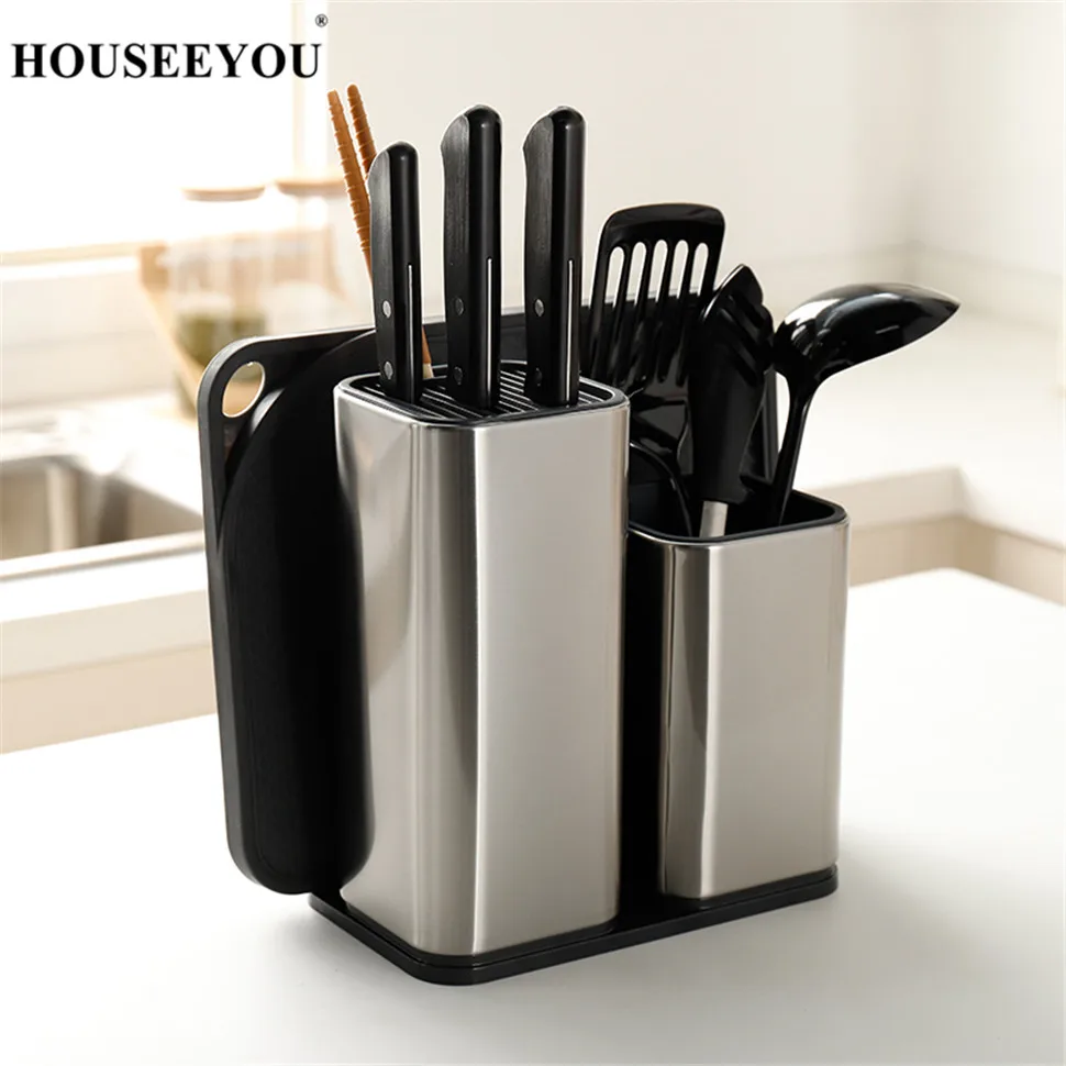 HOUSEEYOU Stainless Steel Kitchen Knife Block Holder Stand with Chopping Cutting Board Multifunctional Kitchen Storage Organizer 01