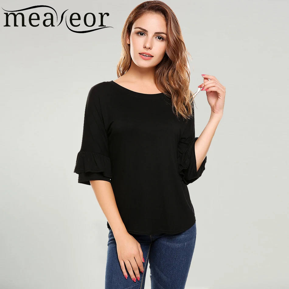 Meaneor Women Casual Ruffle Sleeve T Shirt Round Hemline O Neck Solid