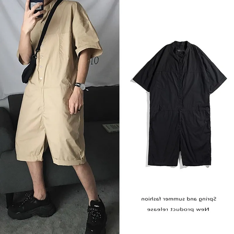 

HipHop Streetwear Cargo Overalls Summer Male Retro Loose Tooling Jumpsuits Men dancing One piece Coveralls Singer costumes 70305