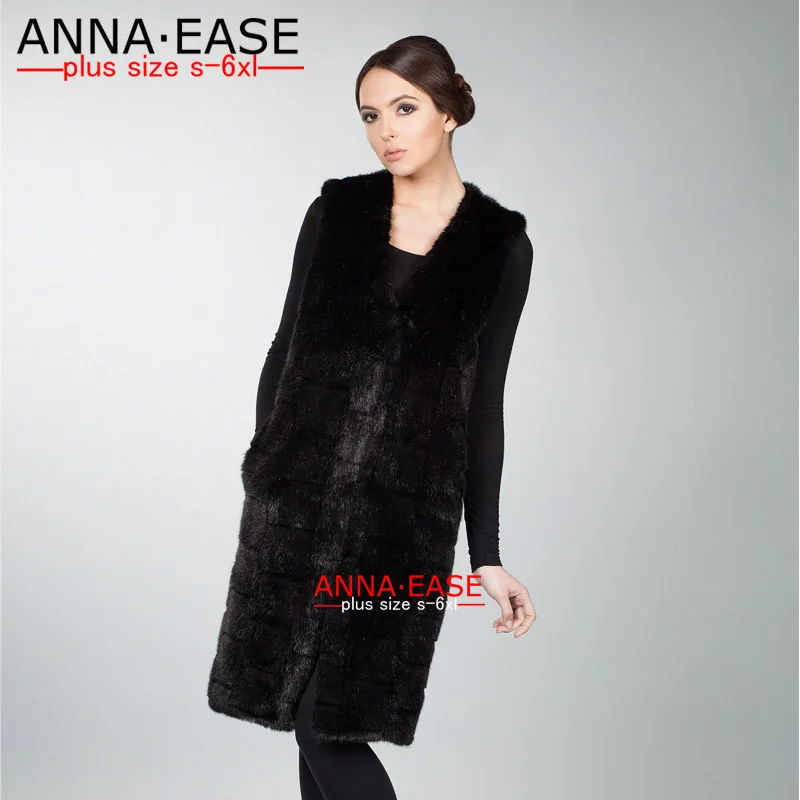 Plus Size 5XL 6XL V-neck X-Long Faux Fur Vest Women Rabbit Fur Gilet Black Sleeveless Fur Coat and Jacket Waistcoats