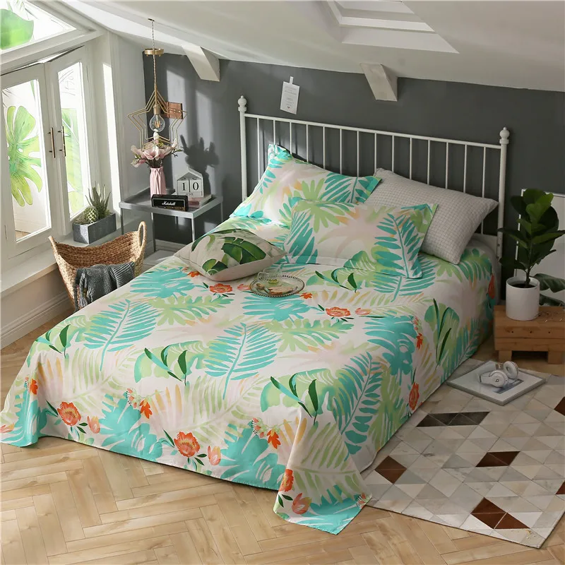 

Green Leaf Pattern Bedding Flat Sheet 3Pcs Cotton Bed Sheet For Child Kids Adults 230X250CM Set 3 Size Mattress Protector Cover