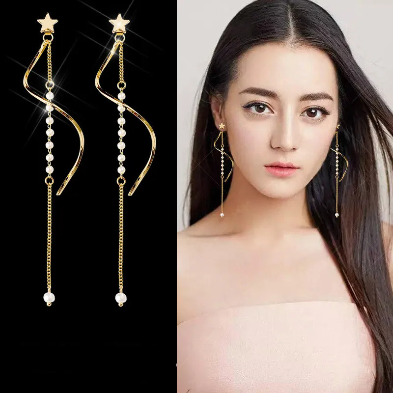 

New Arrival Zinc Alloy Trendy Water Drop Women Dangle Earrings Shaped Spiral Wave Earring Personalized Long Pearl Tassel Earring