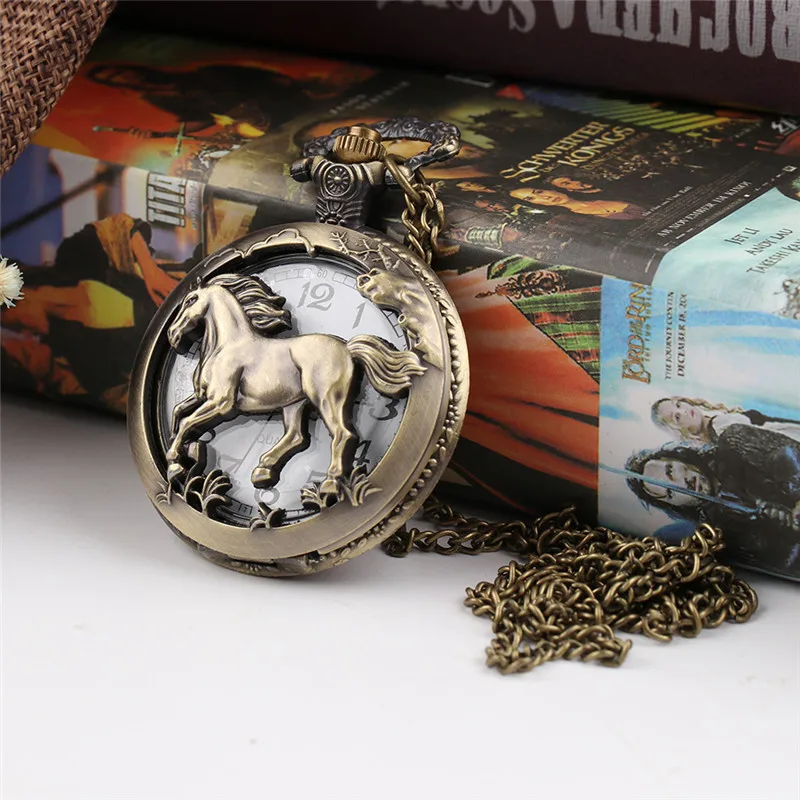 Винтажные карманные бронзовые часы лошадь карманные часы цепь полые Кварцевые часы мужские часы Подвеска Ожерелье Wo мужские подарки