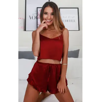 

Women Clothes Set Sexy Satin Silk Cami Cropped Top Shorts Babydoll Sleepwear Pajama Set