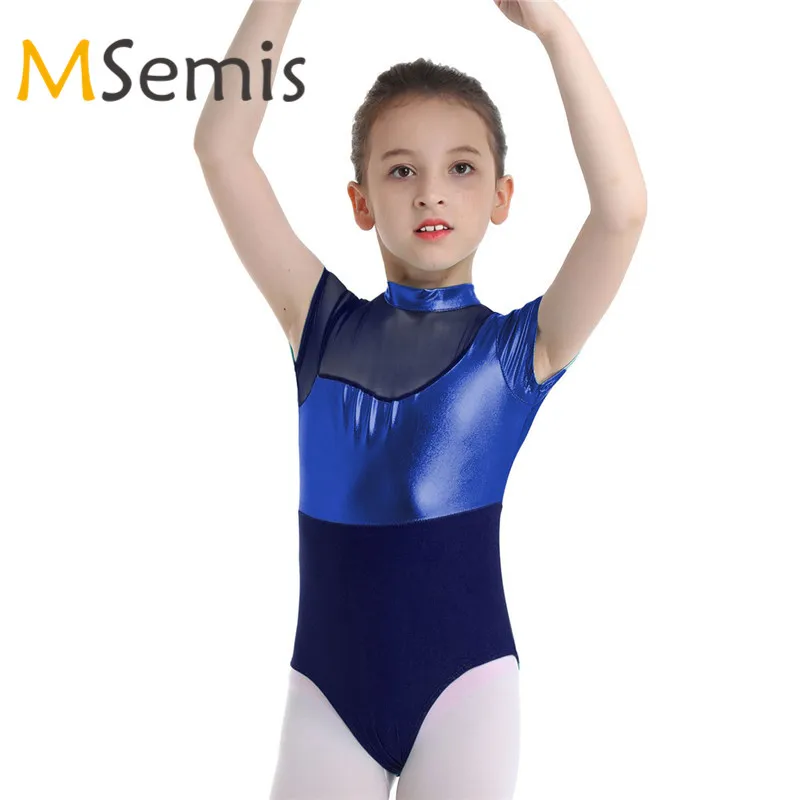 

Kids Girls Gymnastic Swimsuit Children Ballet Leotard Bodysuit Mock Neck Shiny Metallic Mesh Cutout Back Ballet Dance Leotard