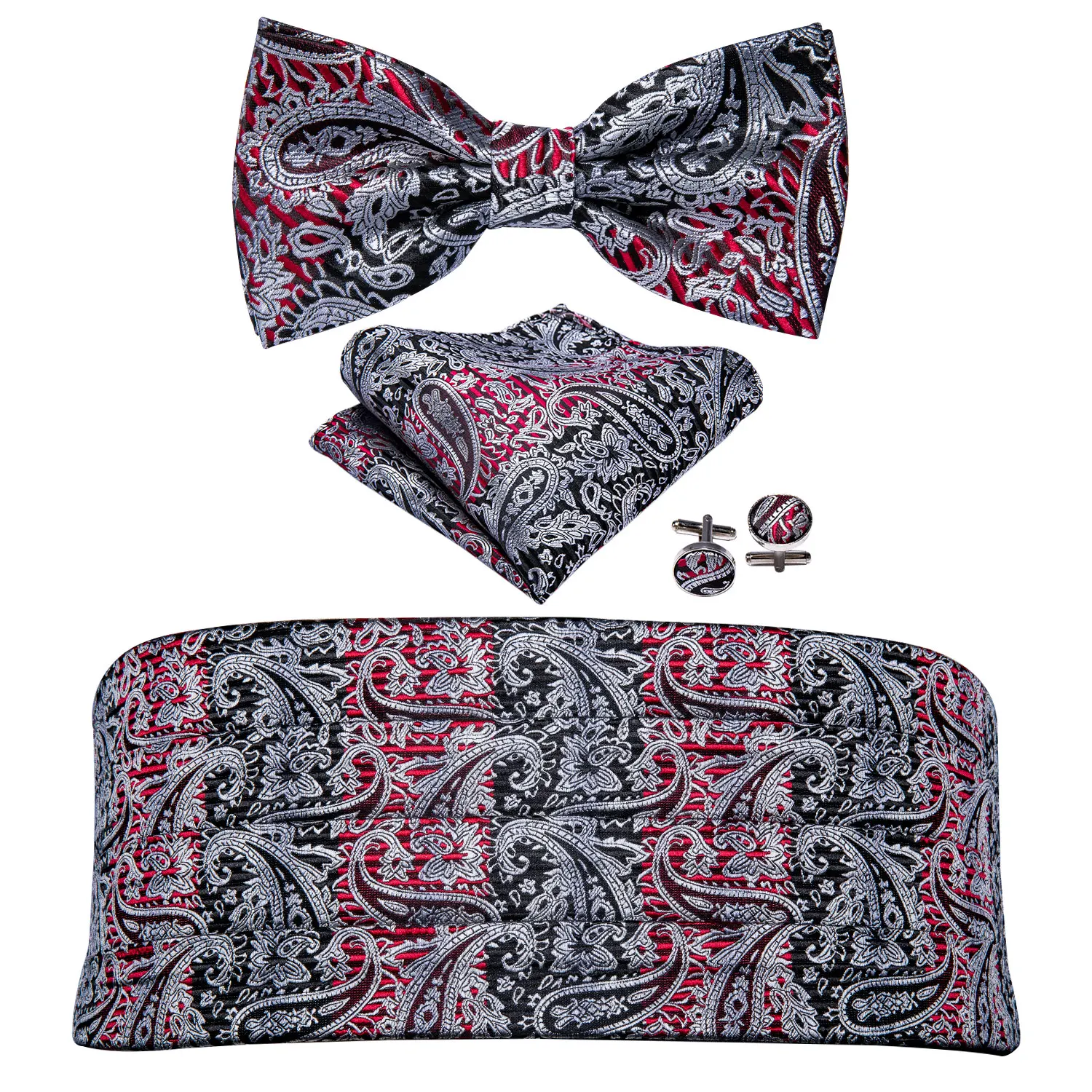 Barry.Wang Men Paisley Bow Tie Silk Floral Bowtie Set Pocket Square Cufflinks Cummerbund Solid Gold Black Red Formal for Tuxedo