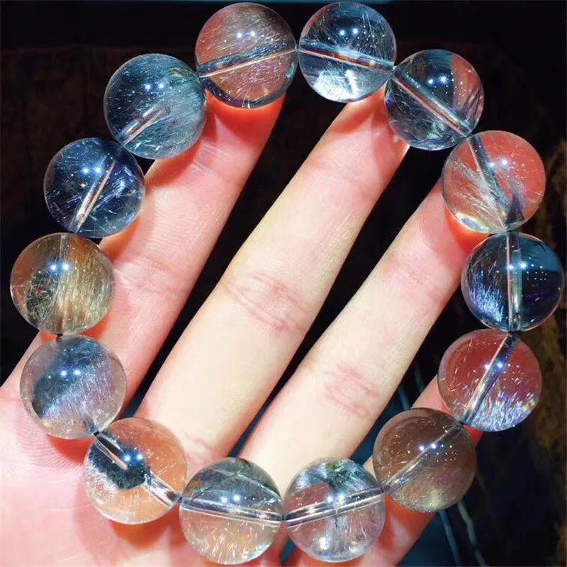 

Top Quality 16mm Natural Silver Rutilated Quartz Gemstone Healing Gift Crystal Bracelet For Women Men Round Beads Stretch AAAAAA