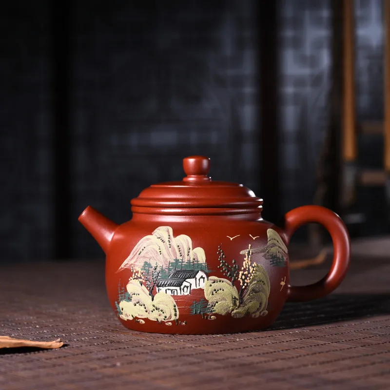 

220ml Yixing Purple Sand Teapot Genuine Full Handmade Raw Ore Dahongpao Mud Painted Dezhong Tea Pot Kung Fu Tea Kettle Shipping