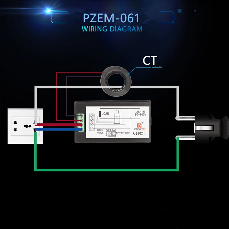 Digital de Medidor do Kwh Medidor de Energia de Energia Pzem 061 com Bobina Peacefair ac Monofásico Wattímetro 220 v 100a Homekit ct Livre Grátis - Image 5