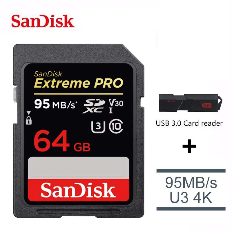 Карта памяти SanDisk Extreme PRO 128G SDHC SDXC UHS-I 32 ГБ, карта памяти 64 Гб C10 95 м/с U3 V30 256 ГБ, картао-де-Мемория с кардридером - Емкость: 64GB-307