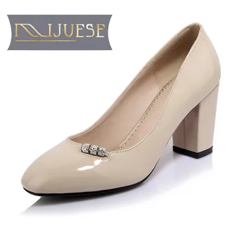 

MLJUESE 2018 women pumps autumn spring Patent Leather Black color Apricot color slip on high heels women size 34-42