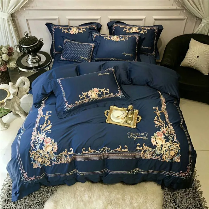 

New Luxury 80S Egyptian Cotton Gold Royal Embroidery Bedding Set Blue Queen King Size Duvet Cover Bed sheet Bed Linen Pillowcase