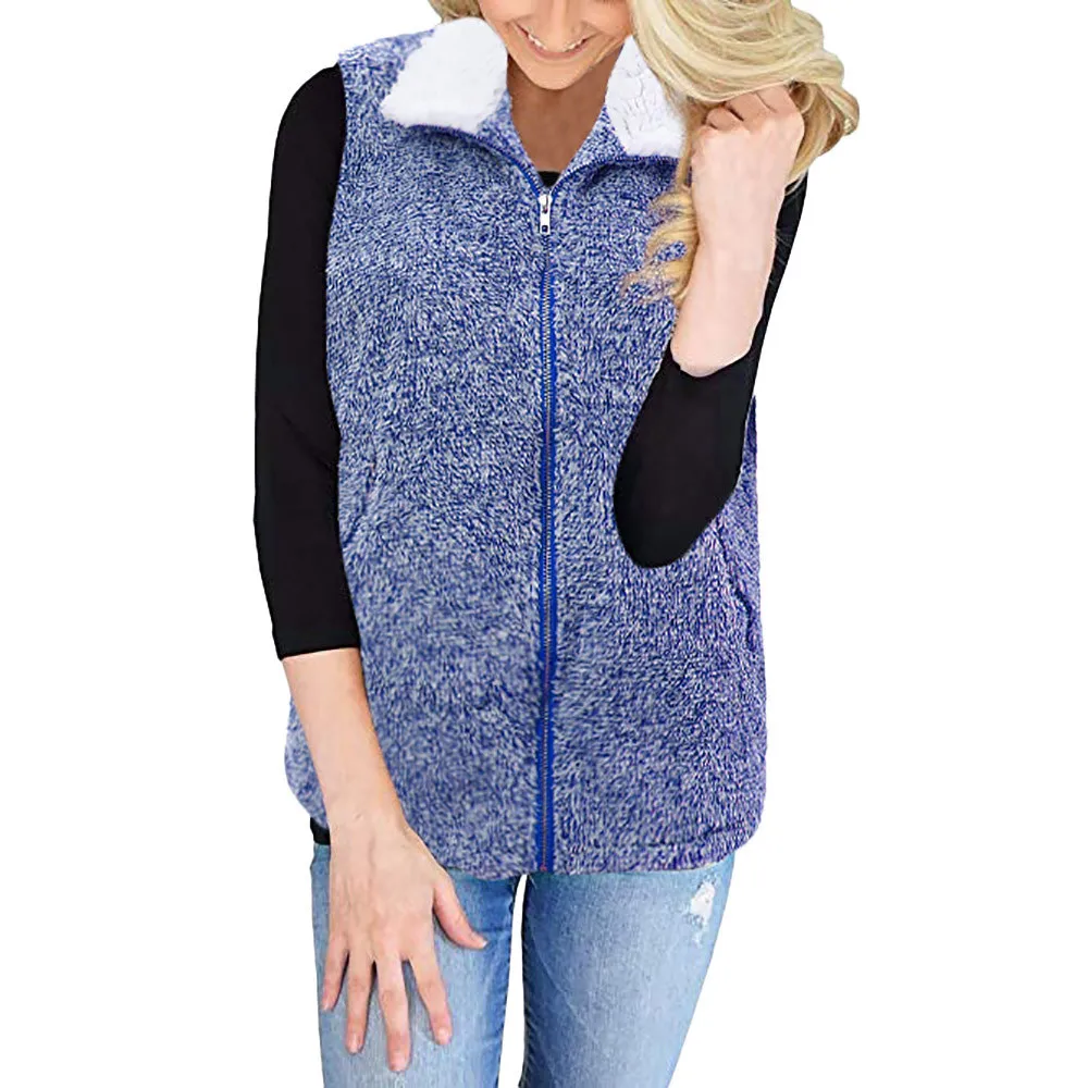 Winter Womens Polyester Vest Winter Warm Outwear Casual Faux Fur Zip Up