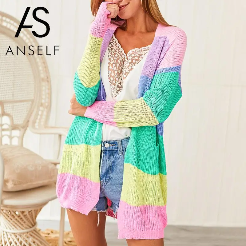 

Rainbow Cardigan Women Knitting Coat Striped Print Color Block Open Front Long Sleeves Pockets 2019 Autumn Winter Knitted Kimono